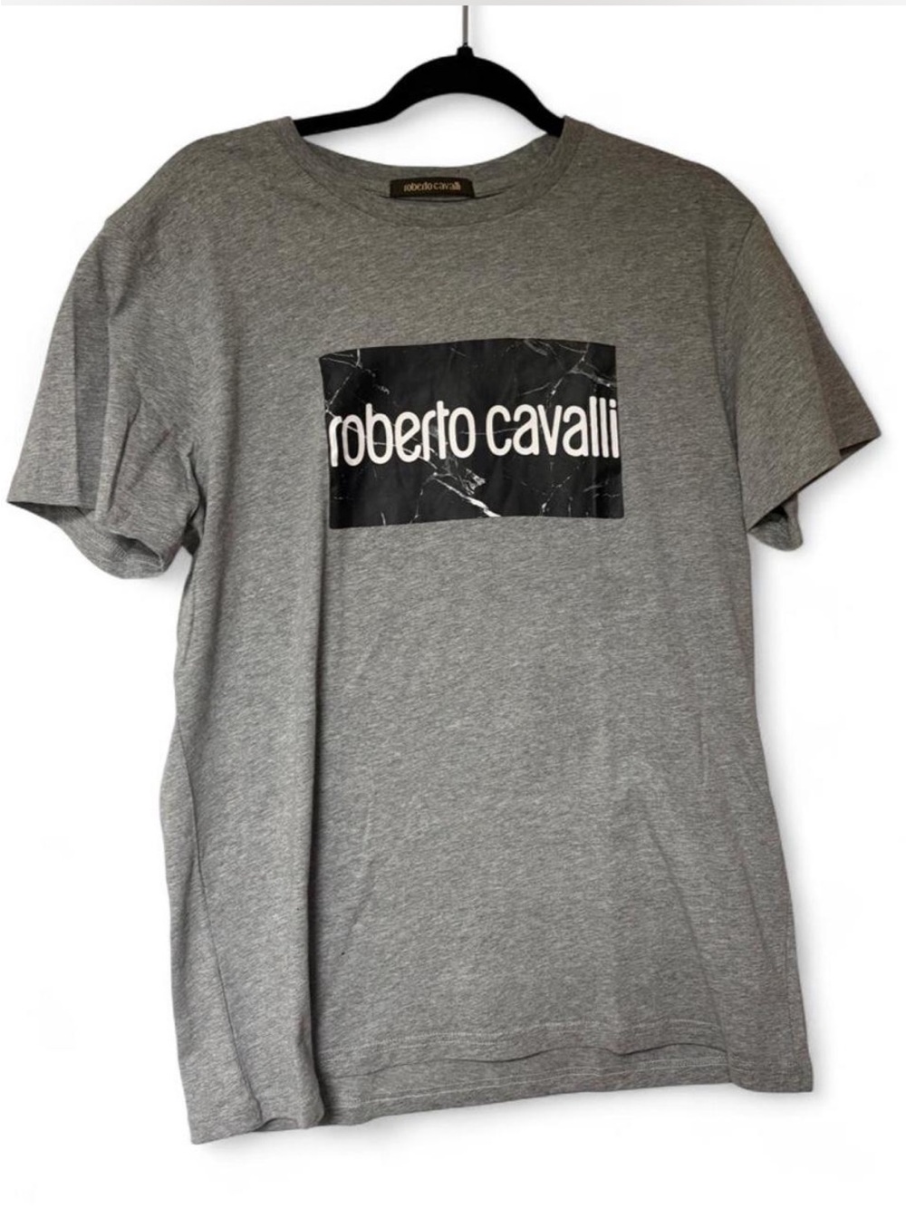 Roberto Cavalli Gray T-Shirt with Black Logo Panel